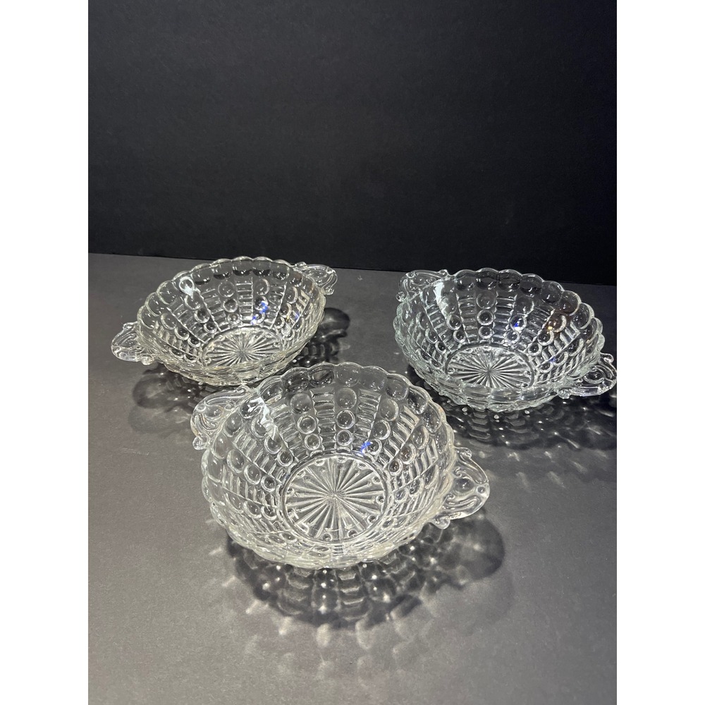 Vintage Clear Hobnail Glass Bowls Set of 3 Scalloped Edge Double Handle Dishes